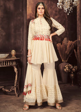 Embroidered Sharara Georgette and Chinnon Suit in White Color