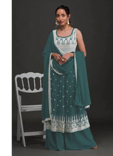 Faux Georgette Sharara in Green Colour