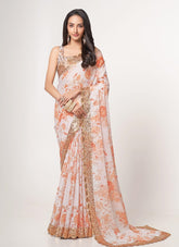Digital Printed Organza Saree in White