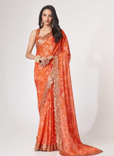 Digital Printed Organza Saree in Orange