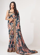 Digital Printed Organza Saree in Dove Blue