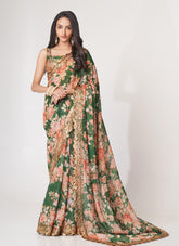 Digital Printed Organza Saree in Green