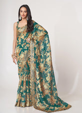 Digital Printed Organza Saree in Teal Blue