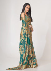 Digital Printed Organza Saree in Teal Blue
