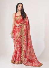 Digital Printed Organza Saree in Red