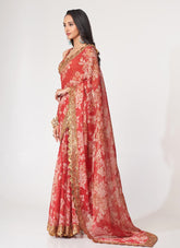 Digital Printed Organza Saree in Red