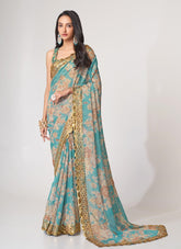 Digital Printed Organza Saree in Sky Blue