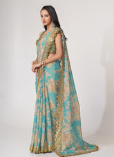 Digital Printed Organza Saree in Sky Blue