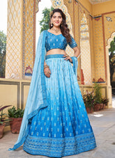 Rubbed Mukesh Cin Allover Lehenga in Sky Blue