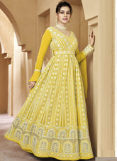 Heavy Faux Georgette Embroidered Gown in Yellow
