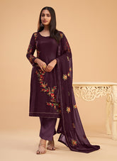 Flower Design Salwar Suit in Wine