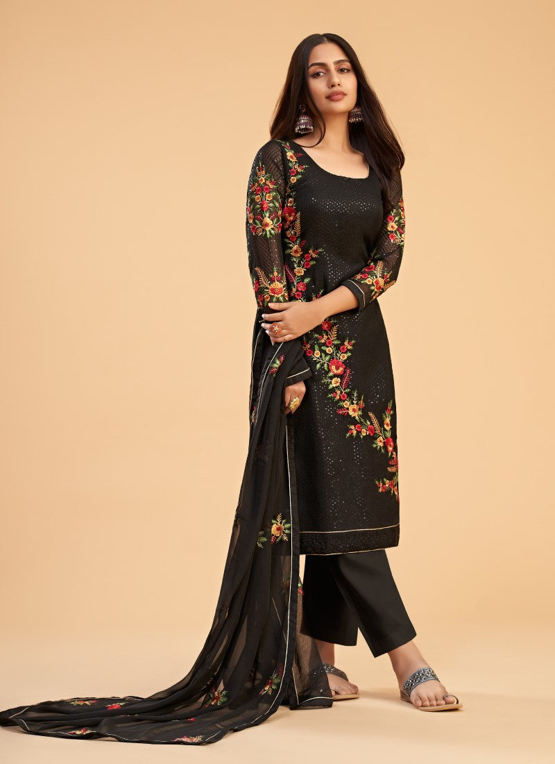 Flower Design Salwar Suit in Black - Main Image