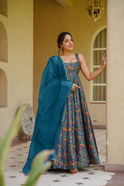 Women's Blue Floral Printed Anarkali Gown with Pink Organza Dupatta | Festive Wear (Copy)
