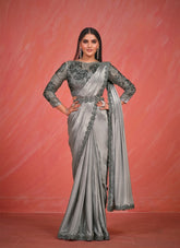 Lavish Looking Crepe Silk Satin Wedding Saree in Silver Grey Colour