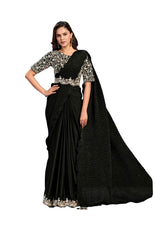 Black Crape Satin Embroidered Ready to Wear Saree