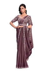 Brown Crape Satin Silk Embroidered Ready to Wear Saree