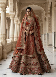 Rajvanshi Crimson Heritage Bridal Lehenga Choli with Intricate Thread Embroidery, Chapat Zari & Sequins Work | Premium Gadhwal Silk Bridal Wear