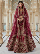 Maharani Wine Royale Bridal Lehenga Choli with Thread Embroidery, Chapat Zari & Sequins Work | Premium Gadhwal Silk