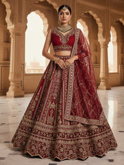 Royal Crimson Red Heritage Bridal Lehenga Choli with Thread Embroidery, Chapat Zari & Sequins Work | Premium Gadhwal Silk