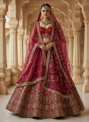 Rajwada Red Heritage Bridal Lehenga Choli with Thread Embroidery, Chapat Zari & Sequins Work | Premium Gadhwal Silk