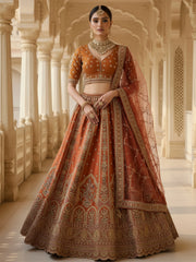 Kesari Heritage Bridal Lehenga Choli with Thread Embroidery, Chapat Zari & Sequins Work | Premium Gadhwal Silk