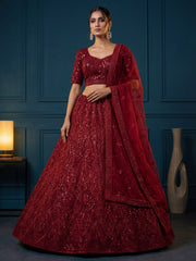 Deep Ruby Red Bridal Lehenga Choli with Sequins, Dori & Zircon Work