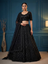 Midnight Black Designer Lehenga Choli with Sequins, Dori & Zircon Work