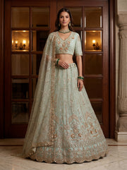 Mint Green Bridal Net Lehenga Choli with Handwork, Zari Embroidery & Zircon Diamond Detailing
