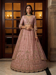 Blush Pink Bridal Net Lehenga Choli with Handwork, Zari Embroidery & Zircon Diamond Work