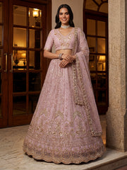 Dusty Rose Bridal Net Lehenga Choli with Handwork, Zari Embroidery & Zircon Diamond Detailing