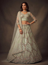 Luxury Mint Green Net Bridal Lehenga Choli with Zari Embroidery & Zircon Diamond Work