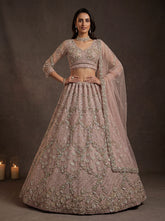 Luxury Blush Pink Net Bridal Lehenga Choli with Zari Embroidery & Zircon Diamond Work