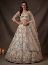 Luxury Ivory Net Bridal Lehenga Choli with Zari Embroidery & Zircon Diamond Work