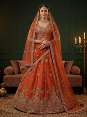Luxury Rust Orange Gadhwal Silk Bridal Lehenga Choli with Zari Embroidery