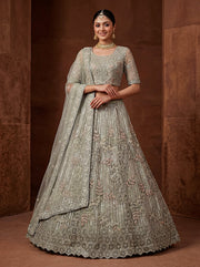 Elegant Sage Green Net Lehenga Choli with Zari Embroidery | Bridal & Wedding Wear
