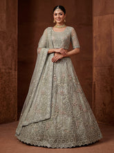 Elegant Sage Green Net Lehenga Choli with Zari Embroidery | Bridal & Wedding Wear