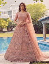 Blush Pink Bridal Net Lehenga Choli with Dori Zari Embroidery, Sequins & Diamond Work