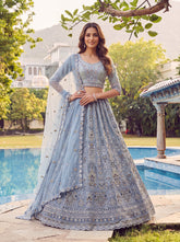 Sky Blue Bridal Net Lehenga Choli with Dori Zari Embroidery, Sequins & Diamond Work