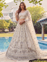 Ivory White Bridal Net Lehenga Choli with Dori Zari Embroidery, Sequins & Diamond Work