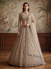 Luxury Champagne Net Bridal Lehenga Choli with Zari, Dori & Zircon Work