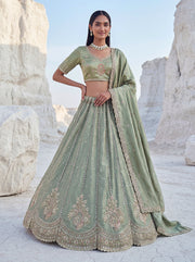 Twilight Bloom Sage Green Cadbury Silk Lehenga Choli with Intricate Handwork