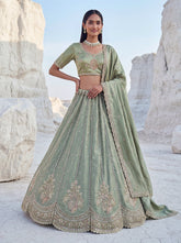 Twilight Bloom Sage Green Cadbury Silk Lehenga Choli with Intricate Handwork