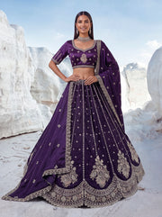 Twilight Bloom Deep Violet Cadbury Silk Lehenga Choli with Intricate Handwork