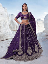 Twilight Bloom Deep Violet Cadbury Silk Lehenga Choli with Intricate Handwork
