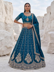 Twilight Bloom Dusty Blue Cadbury Silk Lehenga Choli with Intricate Handwork