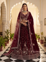 Royal Maroon Velvet Bridal Lehenga Choli with Zari Embroidery & Double Dupatta
