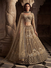 Aura Hand-Embellished Champagne Bridal Lehenga Choli with Mirror Work & Heavy Net Dupatta