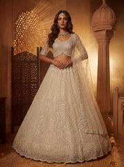 Elegant Ivory Net Bridal Lehenga Choli with Crystal Embroidery & Soft Net Dupatta