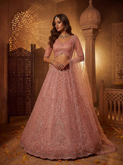 Elegant Blush Pink Net Lehenga Choli with Crystal Embroidery & Soft Net Dupatta