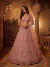 Elegant Blush Pink Net Lehenga Choli with Crystal Embroidery & Soft Net Dupatta